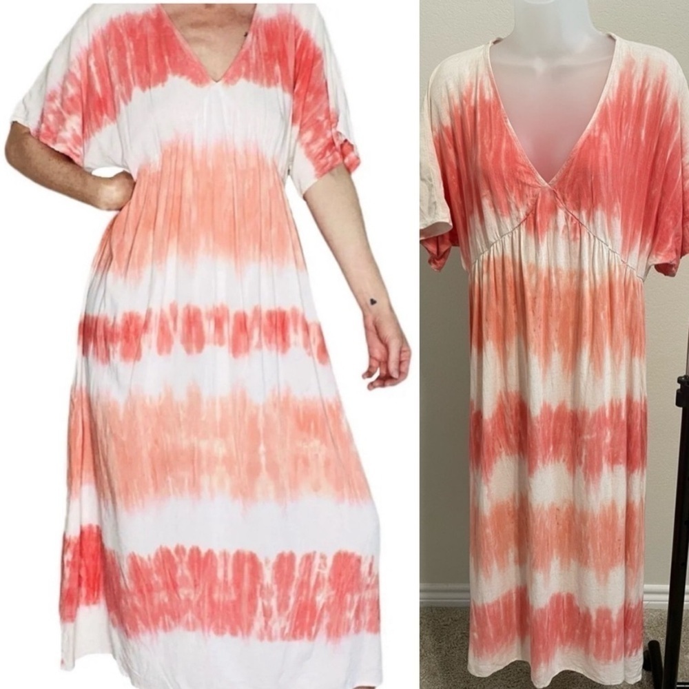 Knox Rose Women’s Maxi Dress Medium Pink Tie Dye Linen Longline Coastal Grandma